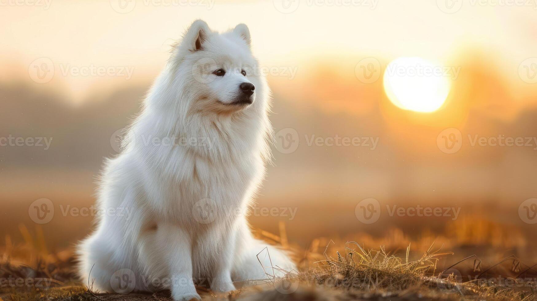 A serene Samoyed dog sitting gracefully in a sunlit field during sunset, with soft golden light photo