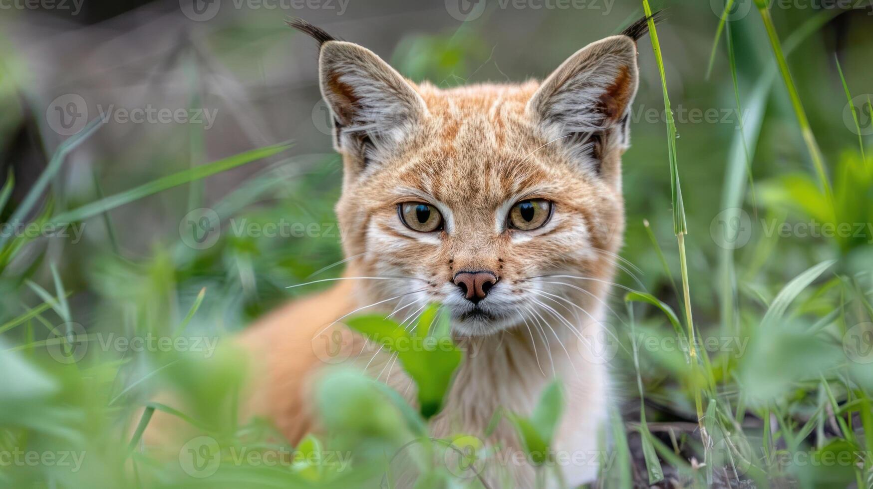 Close-up of a wild cat in lush green grass, showcasing its keen expression in a natural habitat photo