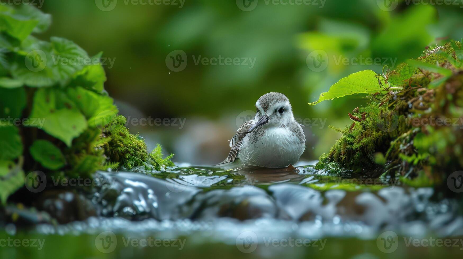A serene water scene featuring a small bird perched on a mossy rock near a flowing stream photo