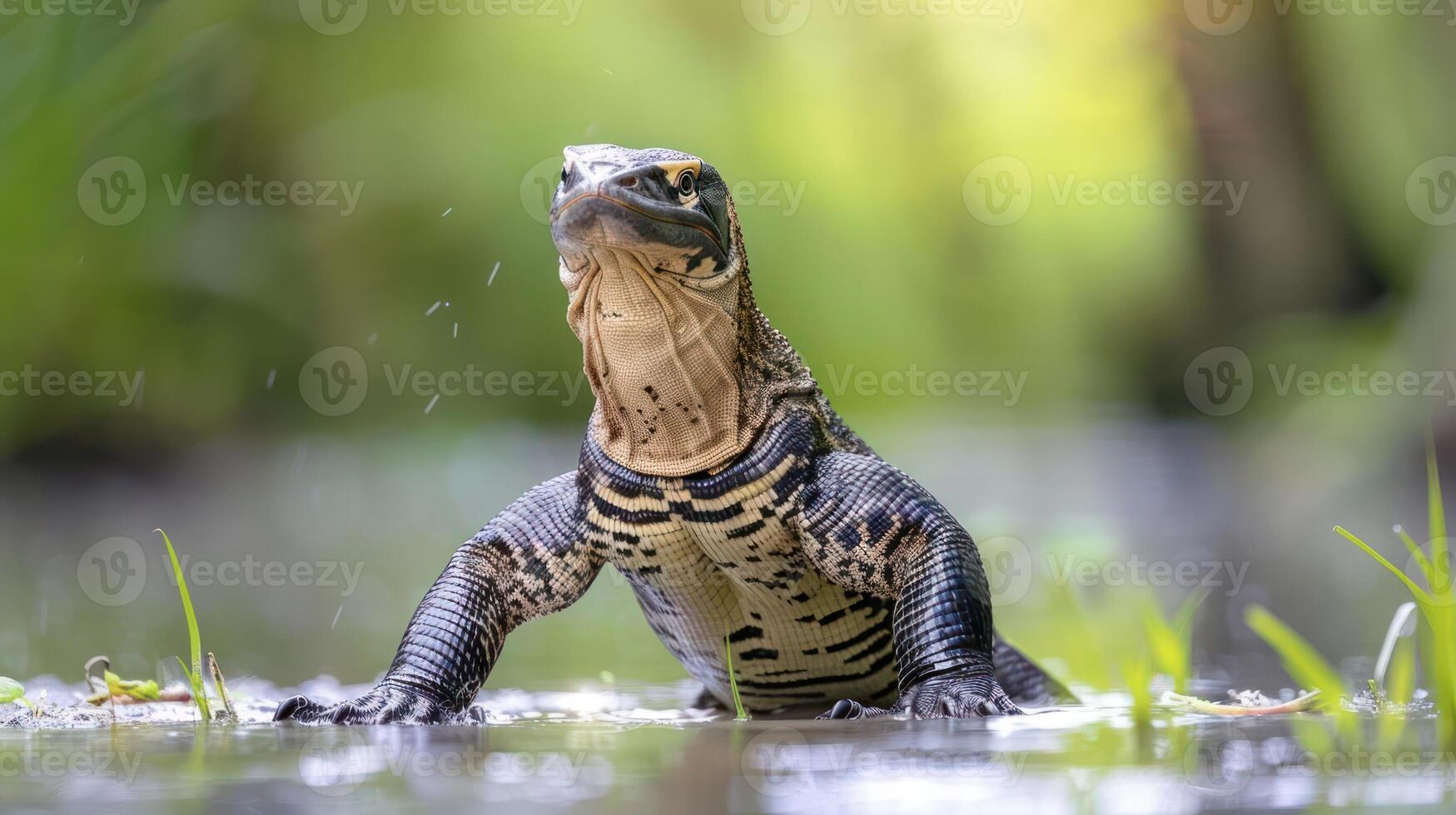 A majestic lizard emerging from a tranquil wetland, surrounded by lush greenery and soft sunlight photo