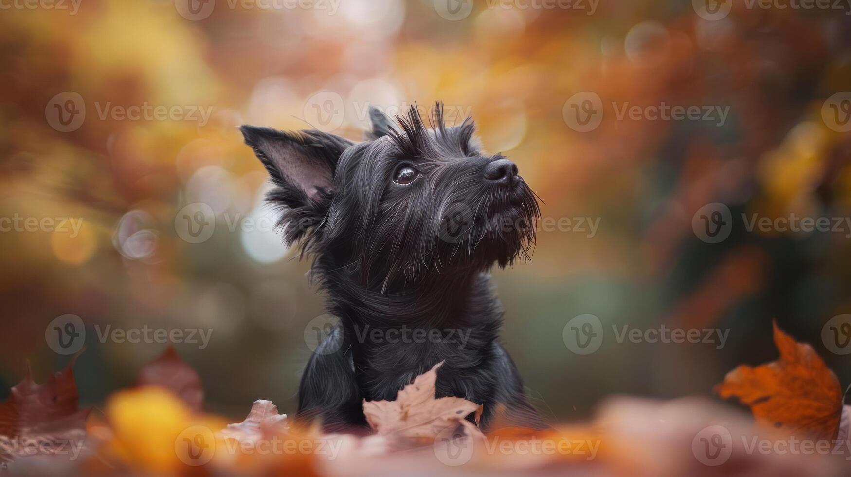Black dog sitting among colorful autumn leaves, gazing upwards in a serene forest setting photo