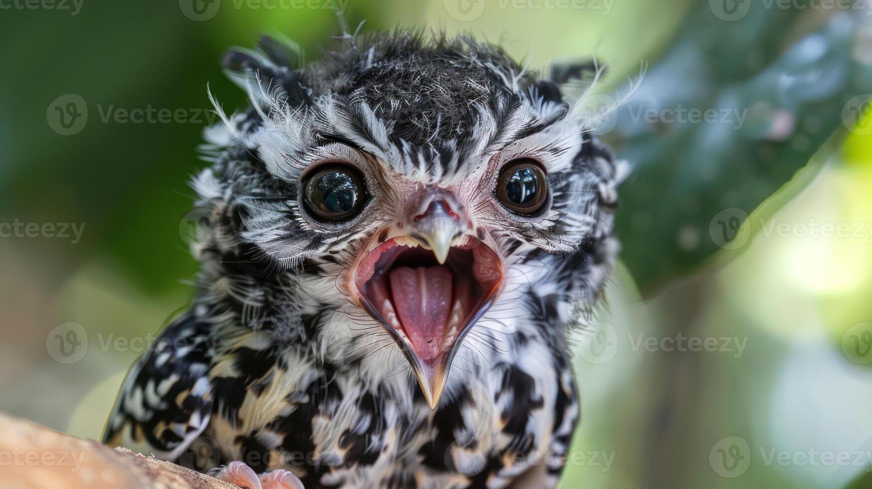Close-up of a young owl with its beak open, surrounded by lush greenery in a natural habitat photo