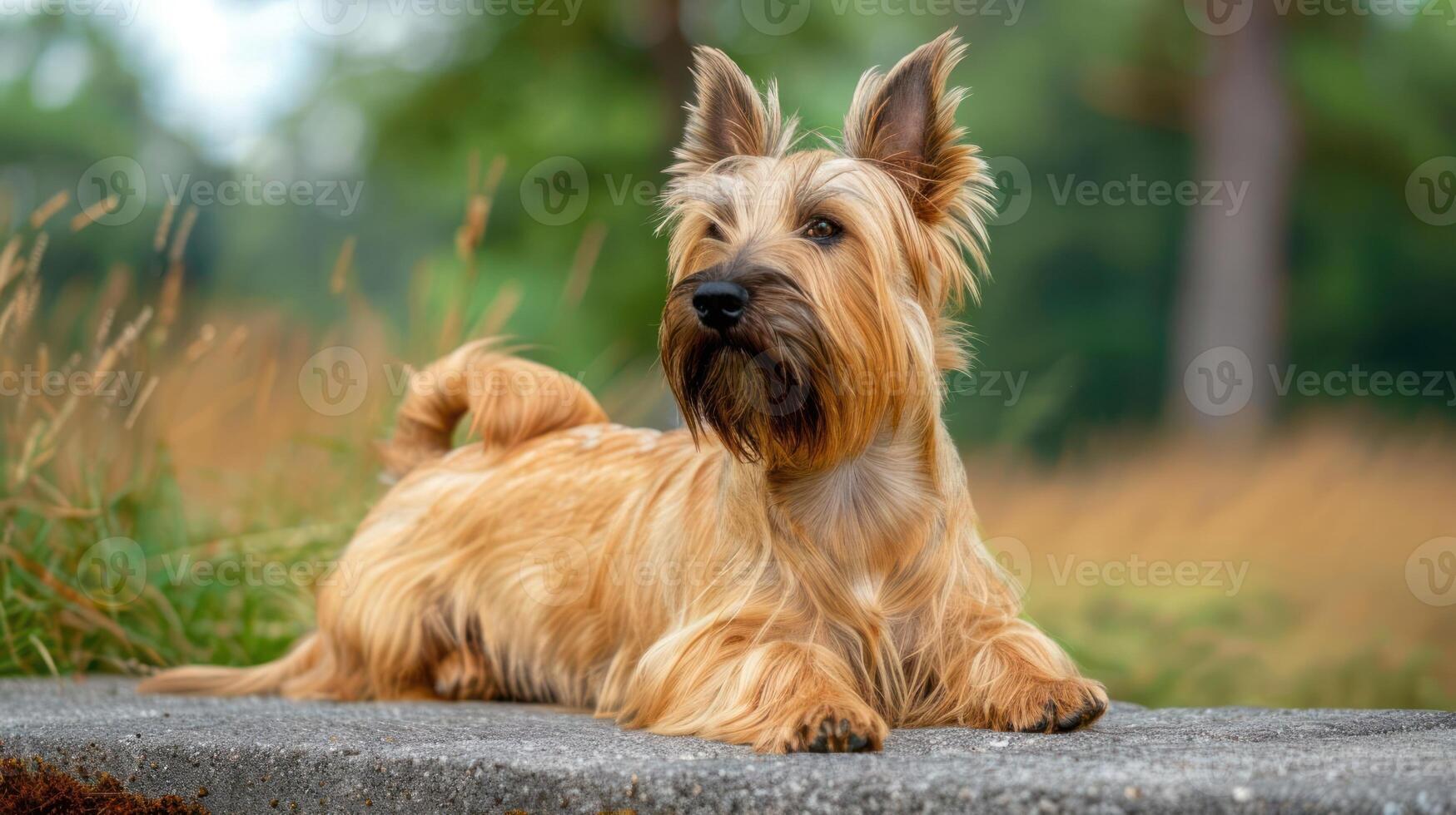 A golden-haired dog relaxing on a stone ledge in a serene outdoor setting surrounded by grass photo