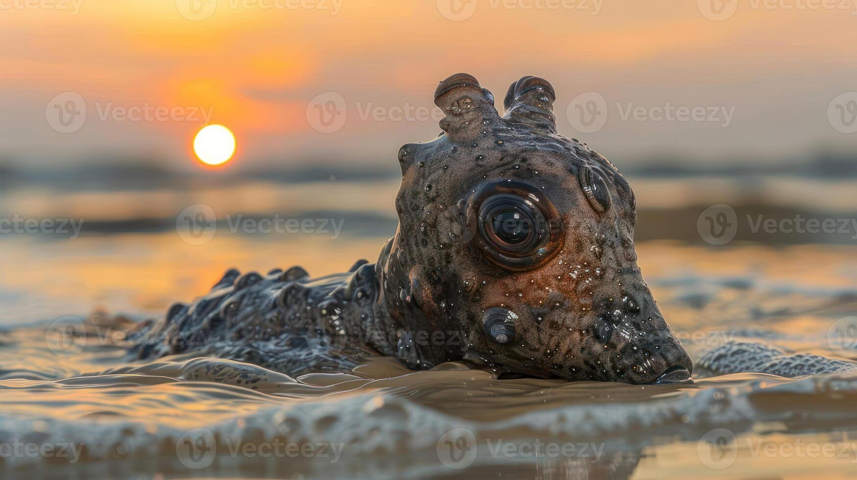 Close-up of a unique marine creature emerging from the water at sunset, with a serene background photo