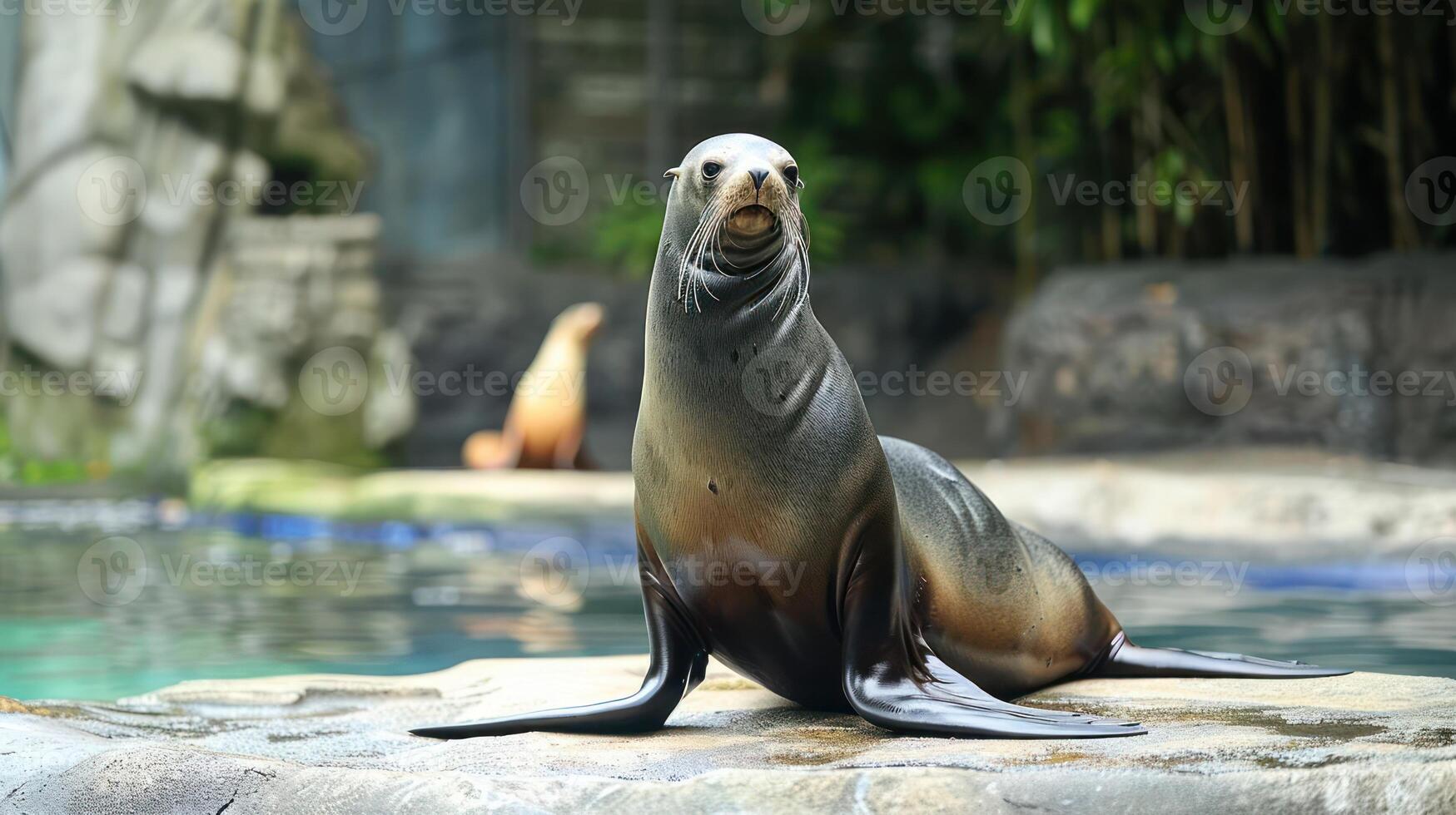 A playful sea lion lounging on a rock by the water, with another sea lion in the background photo