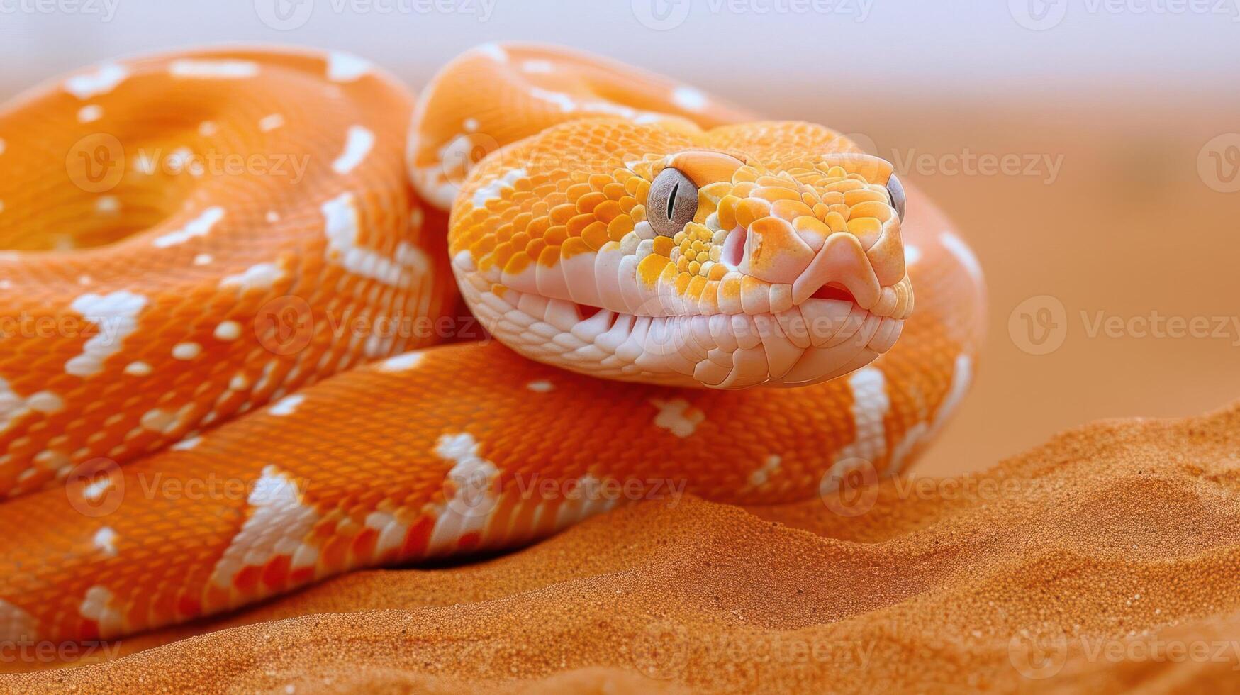 Close-up of a vibrant orange and white snake resting on sandy terrain in a serene desert setting photo