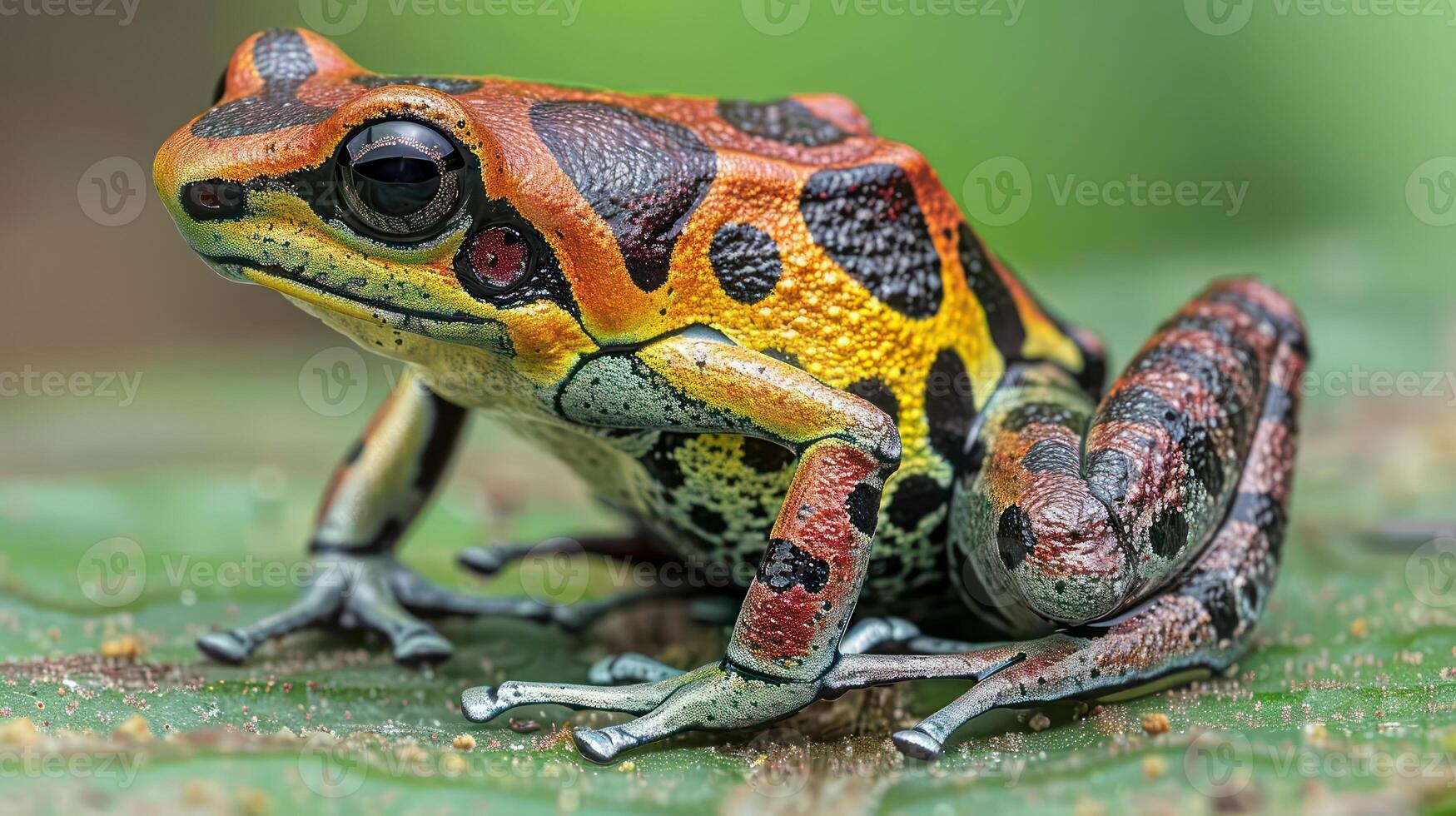 Colorful frogs resting on a leaf in a lush green environment, showcasing vibrant patterns and textures photo