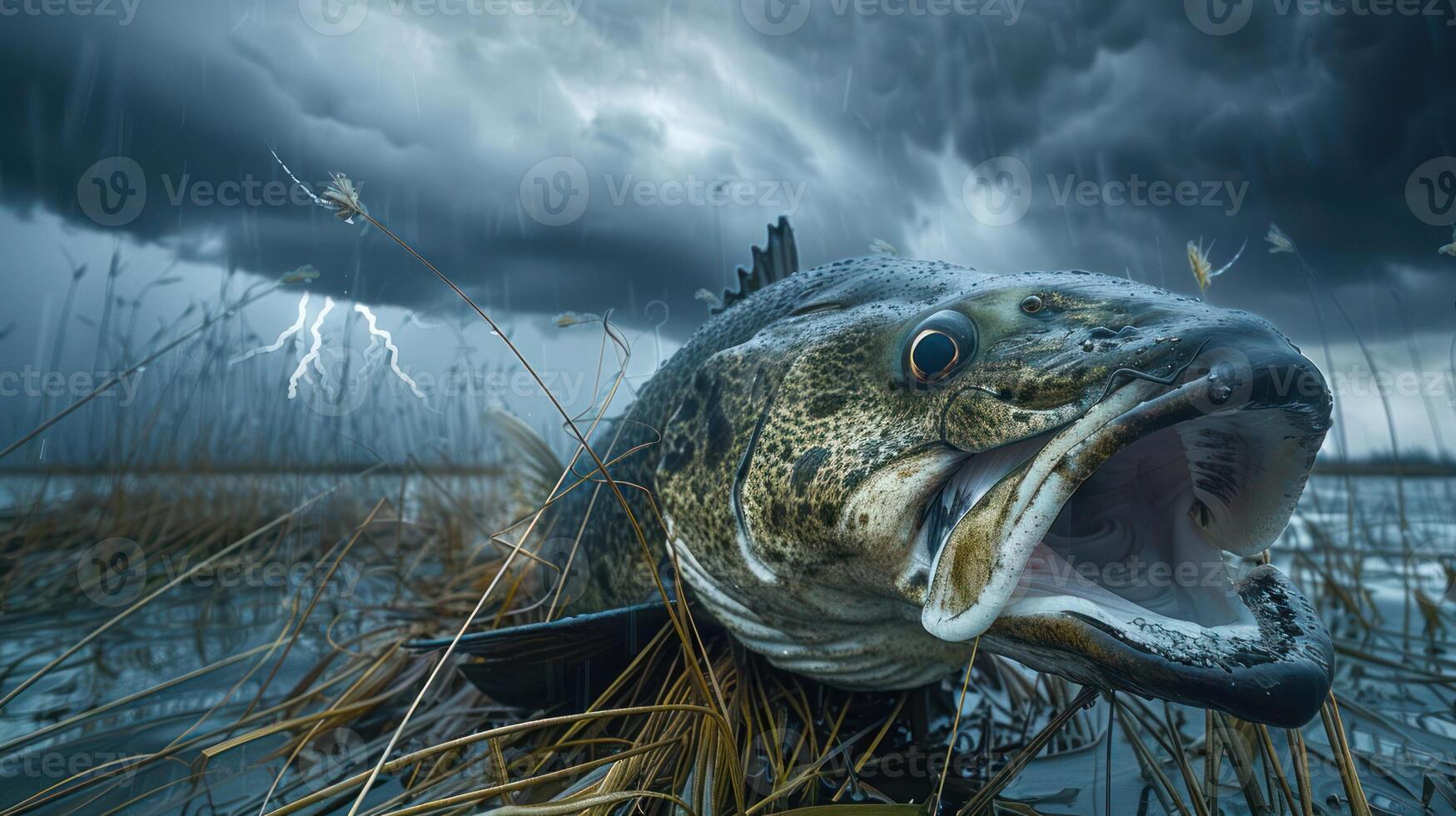 A dramatic close-up of a fish emerging from water amidst a stormy sky with lightning photo