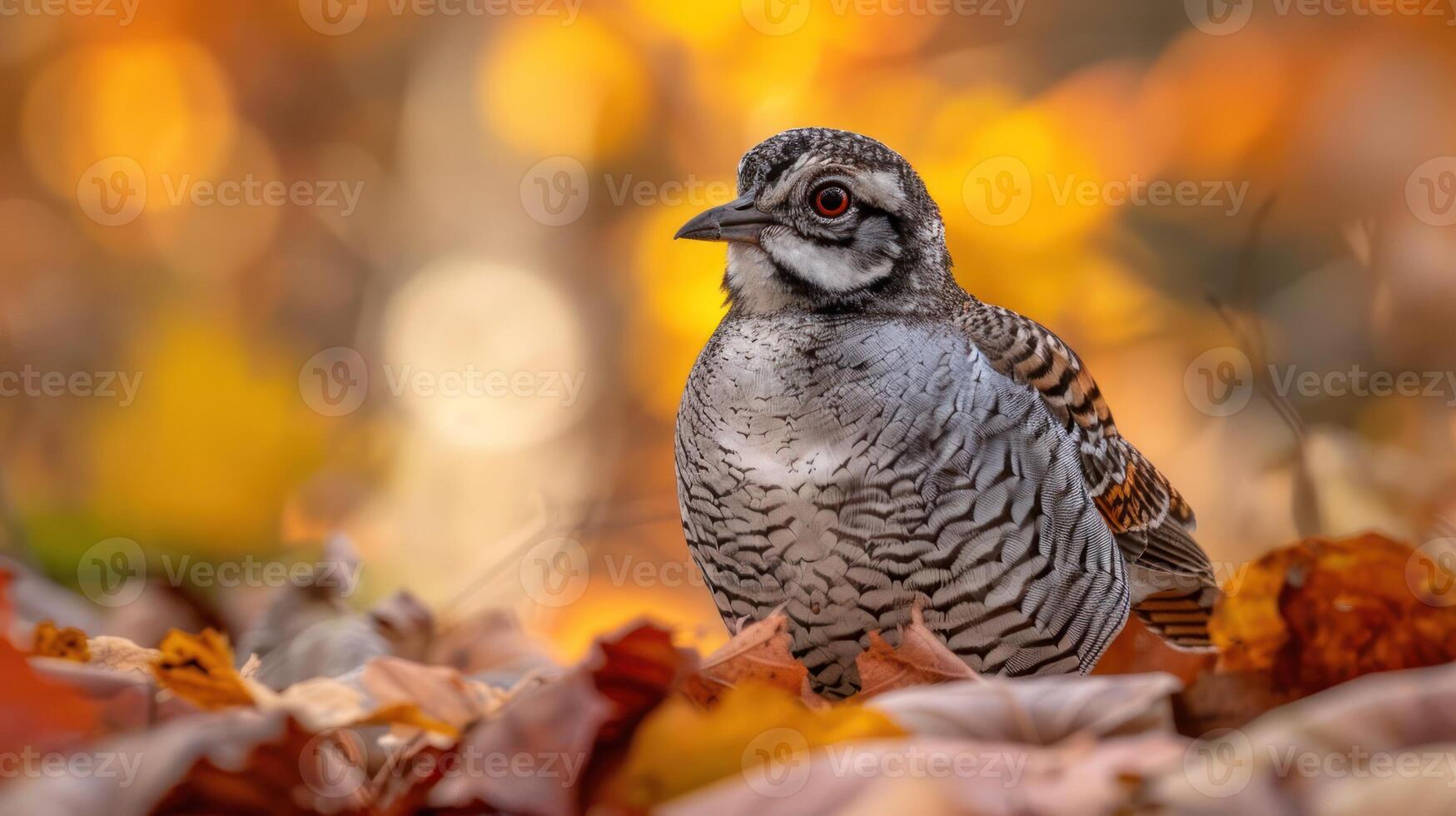 A close-up of a bird resting among colorful autumn leaves, with a blurred forest background photo