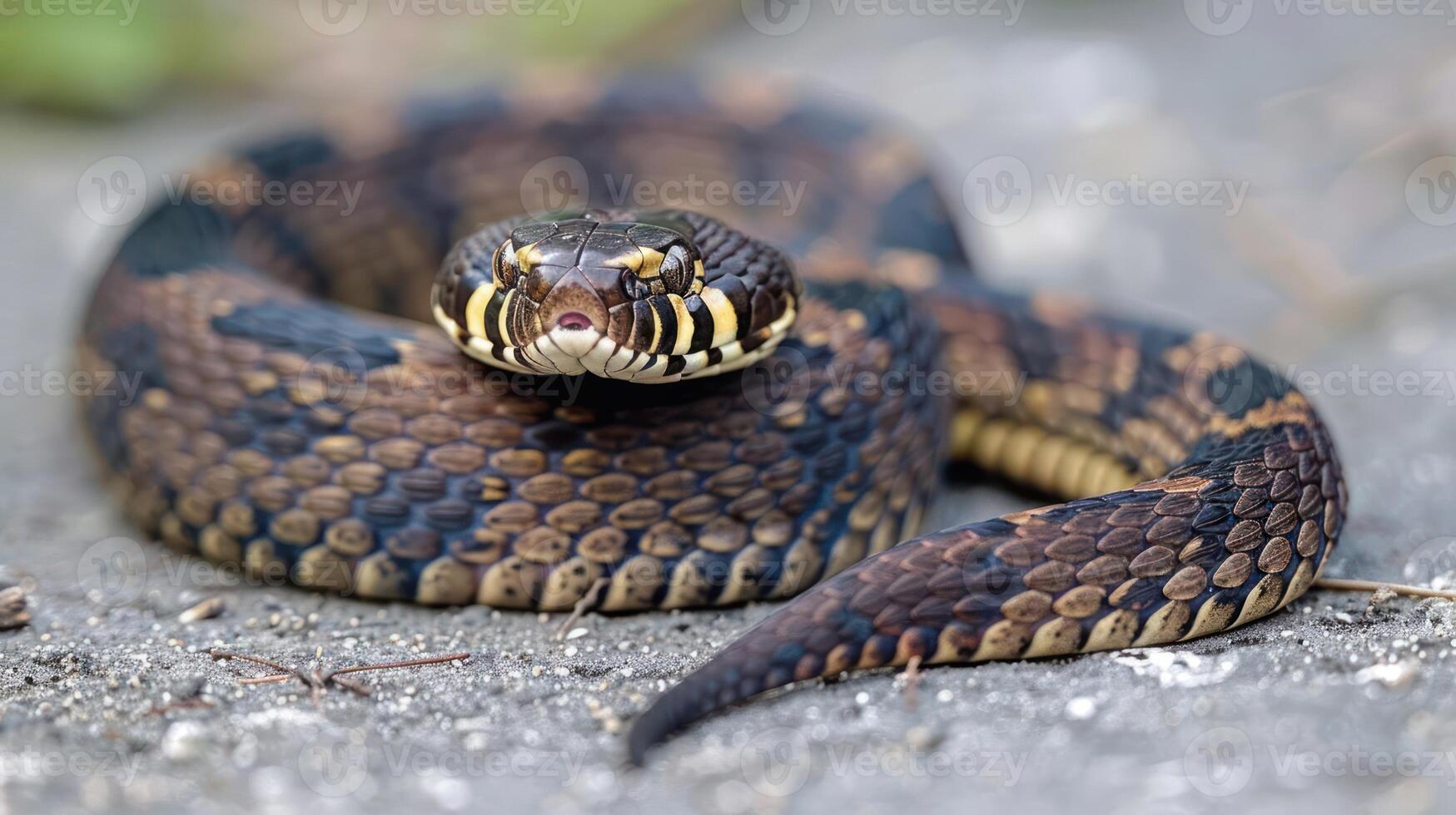 Close-up of a coiled snake resting on a textured surface in a natural outdoor setting photo