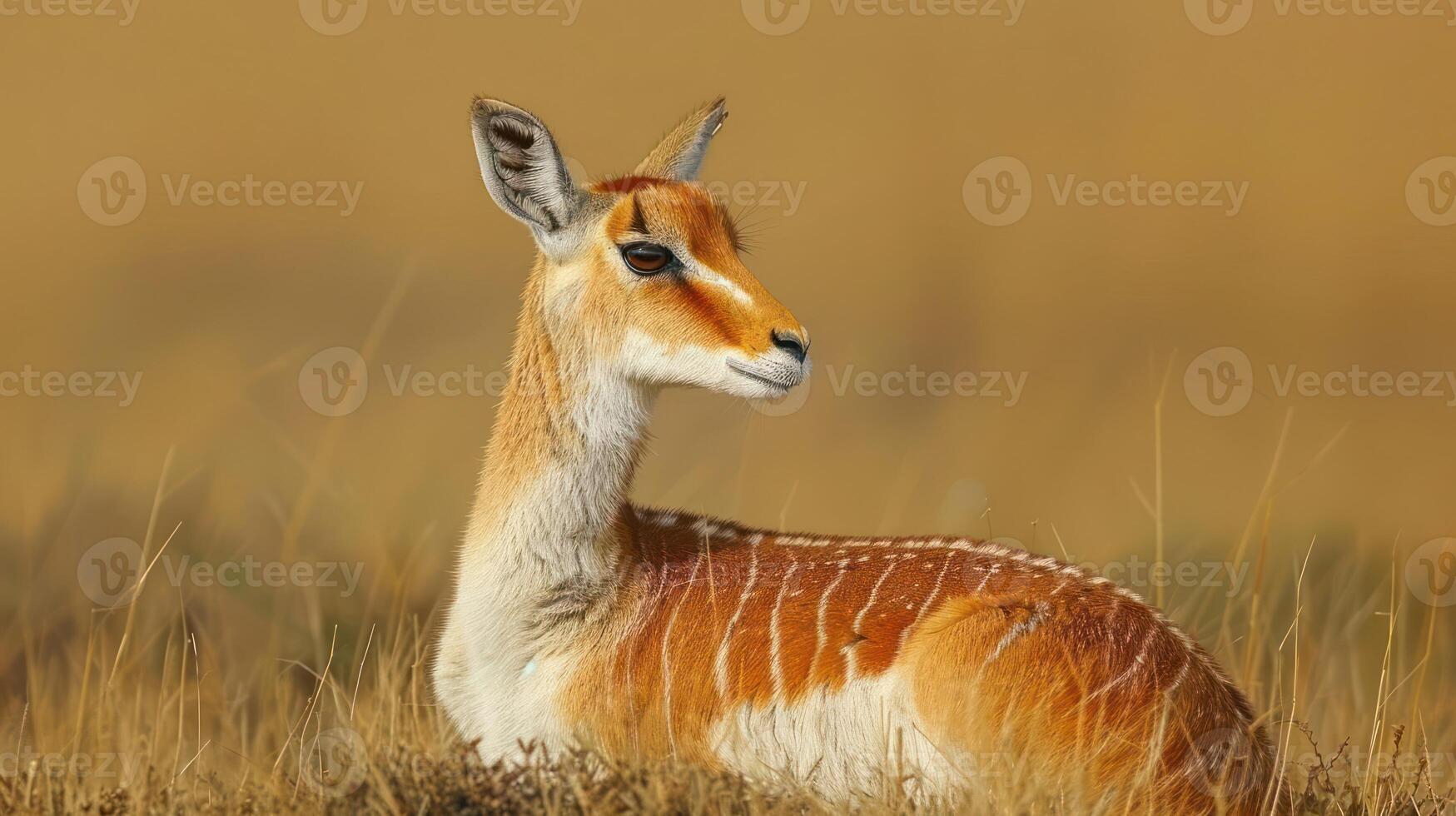 A graceful antelope rests in a golden grassland under a clear blue sky, showcasing nature's beauty photo