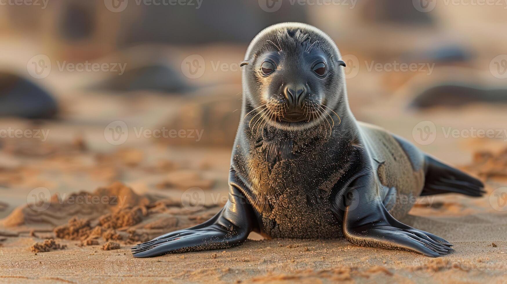 Young seal lounging on sandy beach, surrounded by gentle waves and distant rocks under sunlight photo