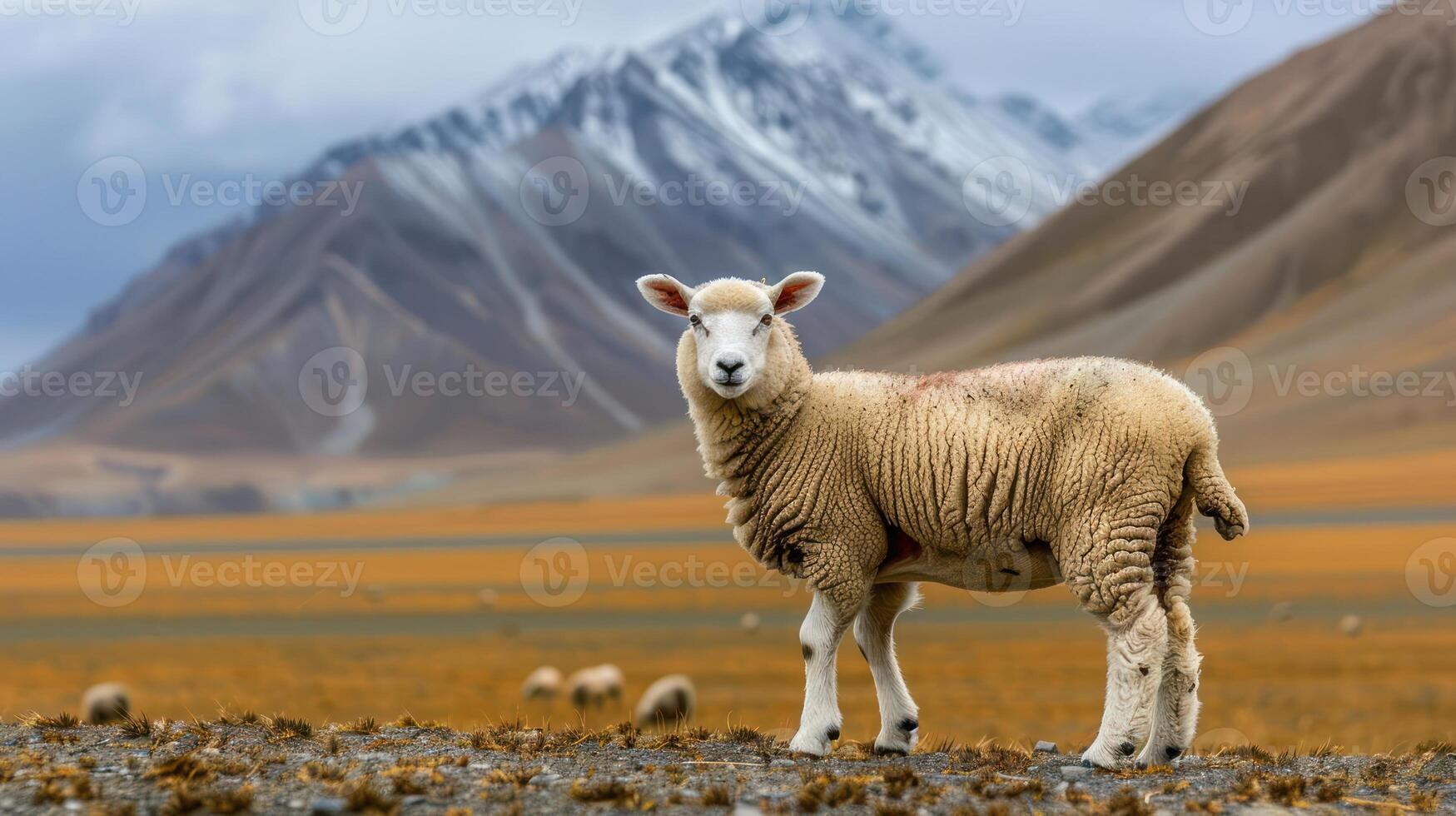 A lone sheep stands in a vast, golden meadow with snow-capped mountains in the background photo
