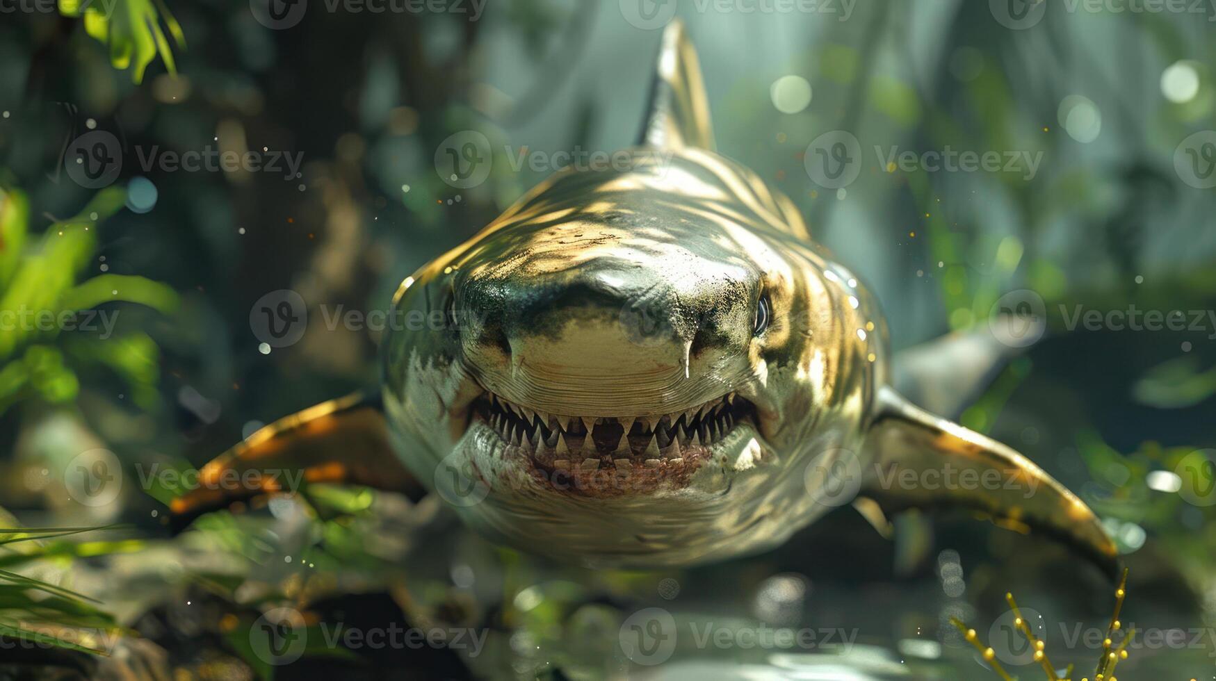 A fierce shark swimming through a lush underwater jungle, surrounded by vibrant flora and sunlight photo