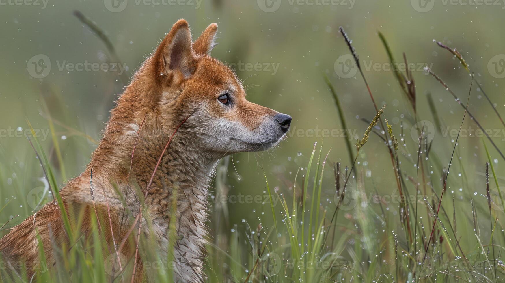 A serene portrait of a dog in a lush green field during a gentle rain, showcasing nature's beauty photo