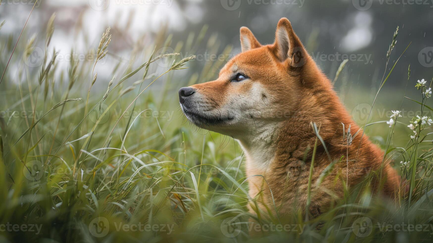 A Shiba Inu gazes thoughtfully amidst lush green grass in a serene, misty landscape photo