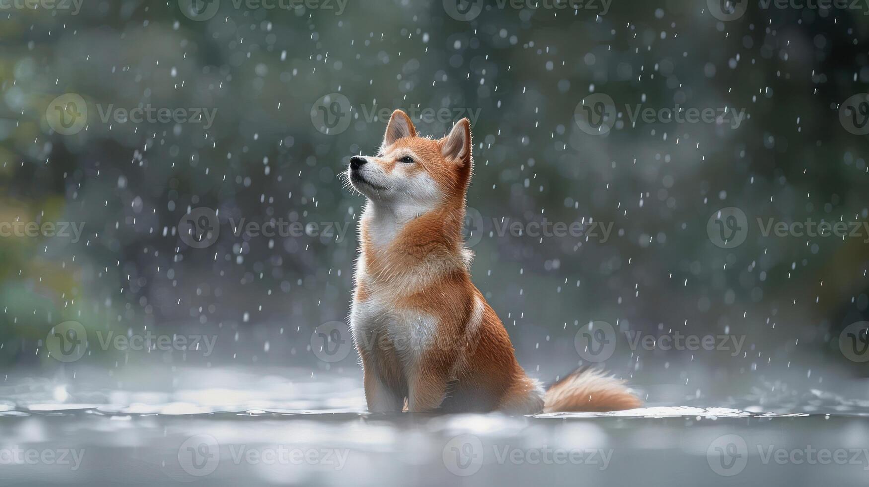 A Shiba Inu sitting serenely in the rain, surrounded by a misty forest backdrop, evoking tranquility photo