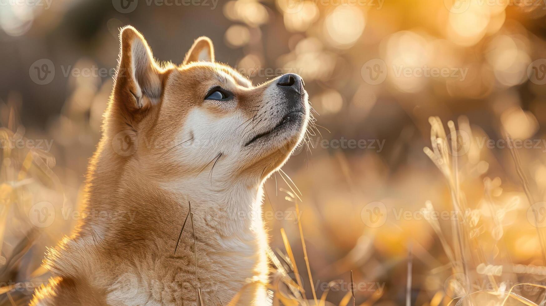 A serene Shiba Inu gazing thoughtfully into the golden autumn landscape, surrounded by soft sunlight photo