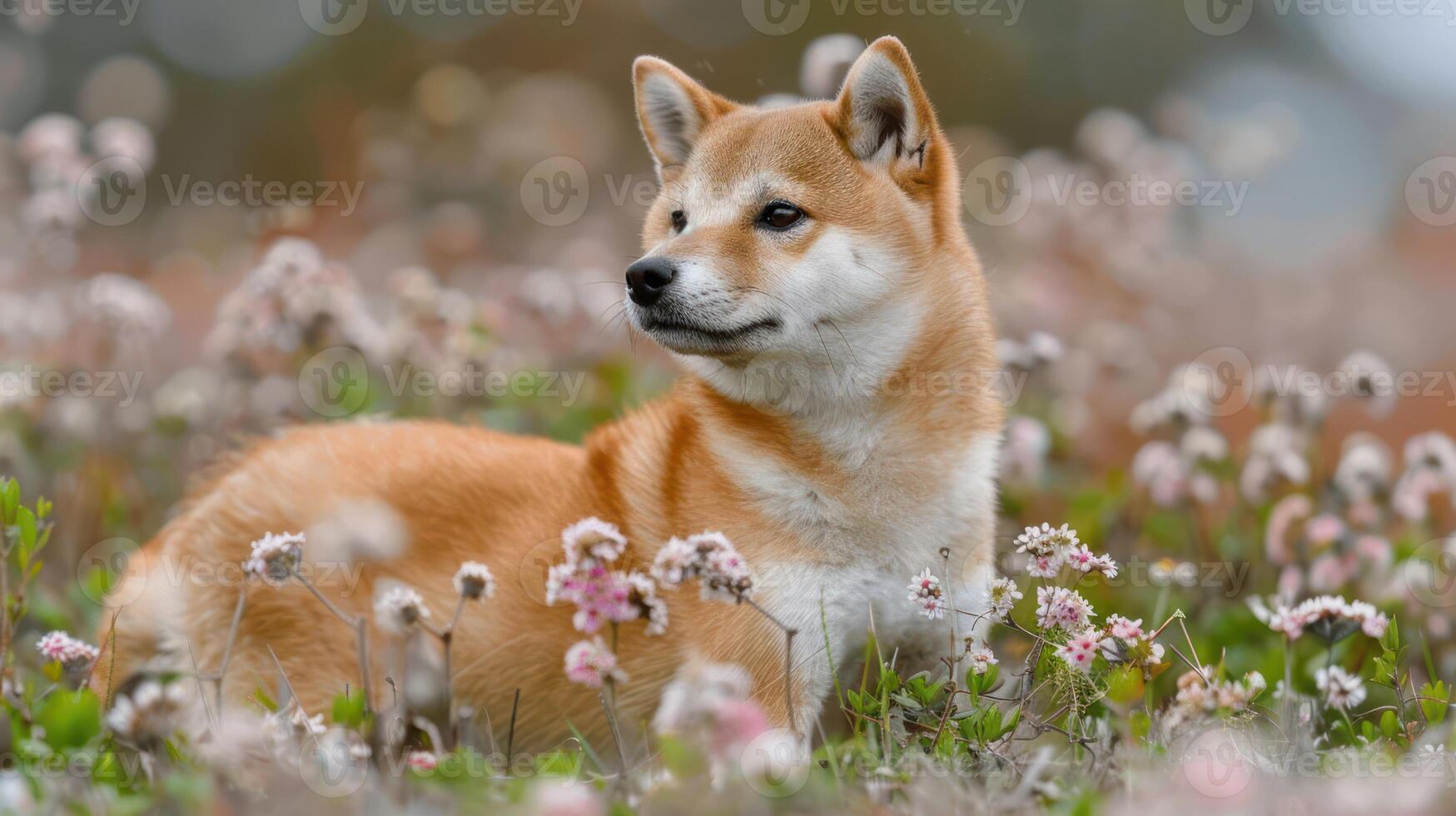 A serene Shiba Inu resting among vibrant pink flowers in a lush meadow, with soft sunlight filtering through photo