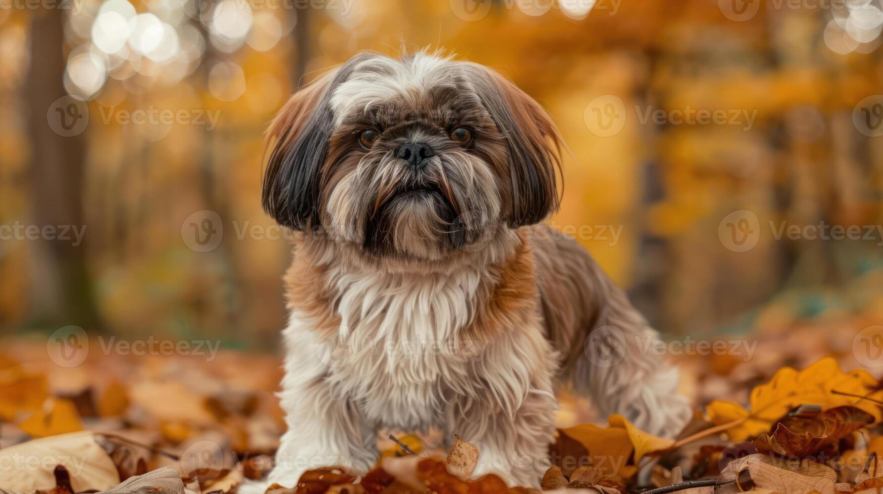 Shih Tzu dog standing on colorful autumn leaves in a serene forest setting photo