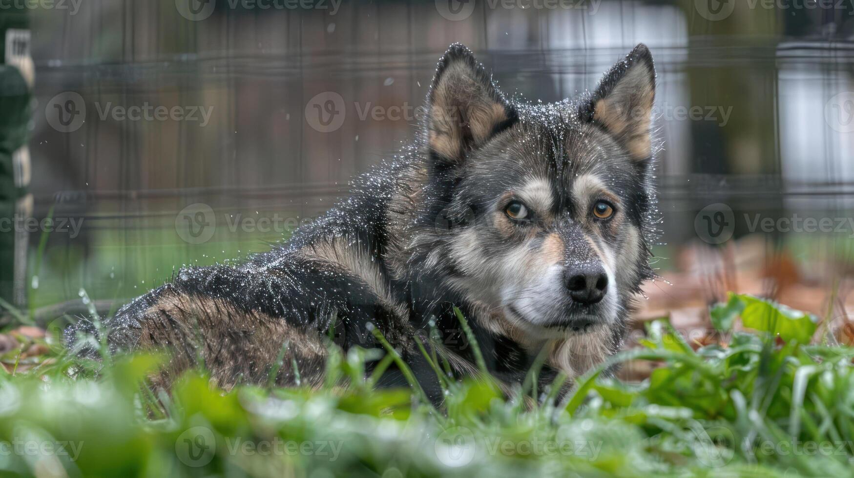 A serene wolf resting in a lush green environment with raindrops glistening on its fur photo
