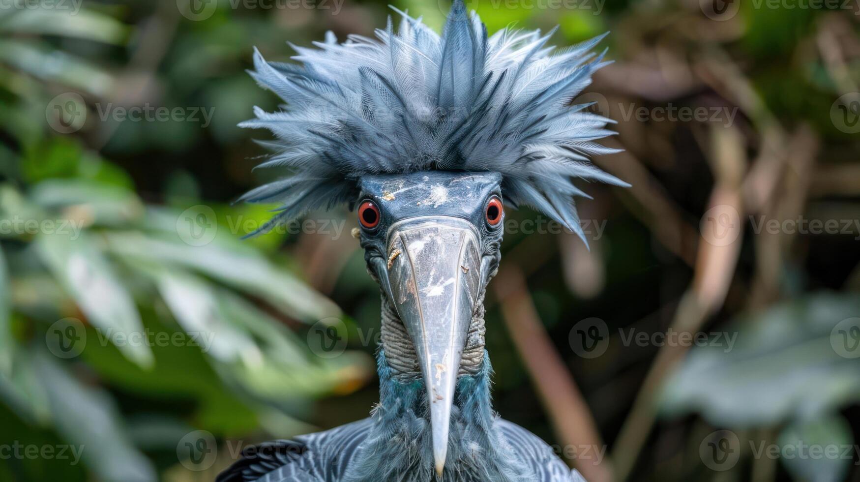 Striking close-up of a bird with vibrant blue plumage and unique feathered crest amidst lush greenery photo