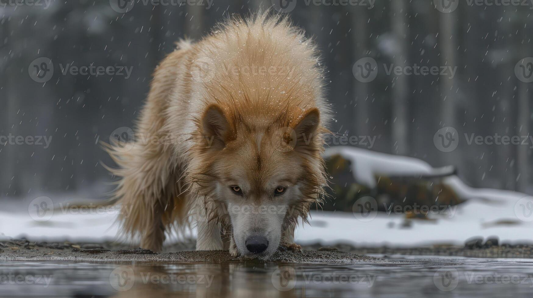 A majestic wolf with a thick, golden coat drinking from a serene, snow-covered stream in a forest photo