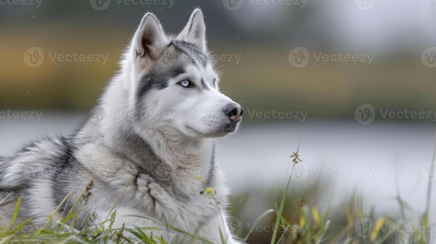 Majestic Siberian Husky resting by a serene lake, surrounded by lush greenery and distant hills photo