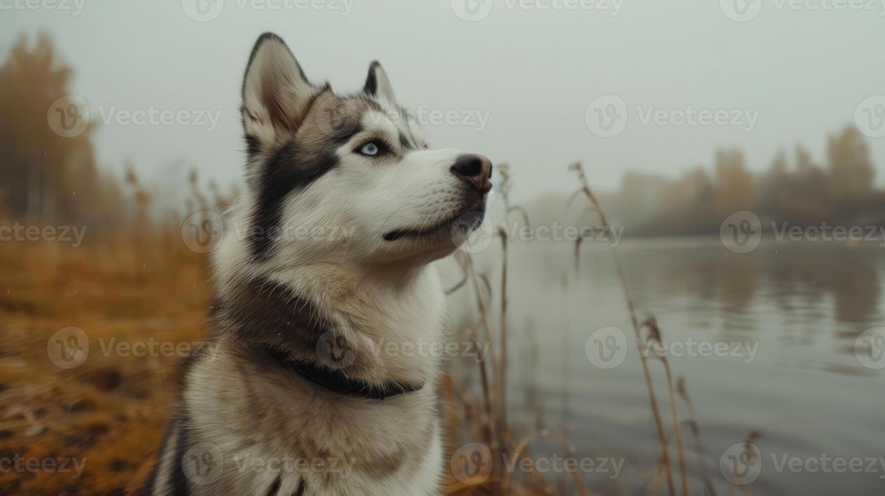 Majestic Siberian Husky gazing thoughtfully by a tranquil river in a misty autumn landscape photo