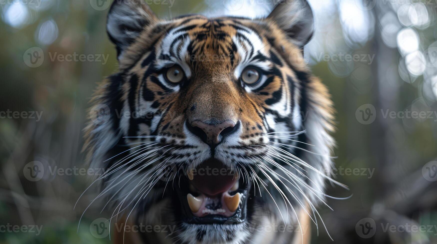 Close-up of a fierce tiger roaring in a lush forest setting with blurred background elements photo