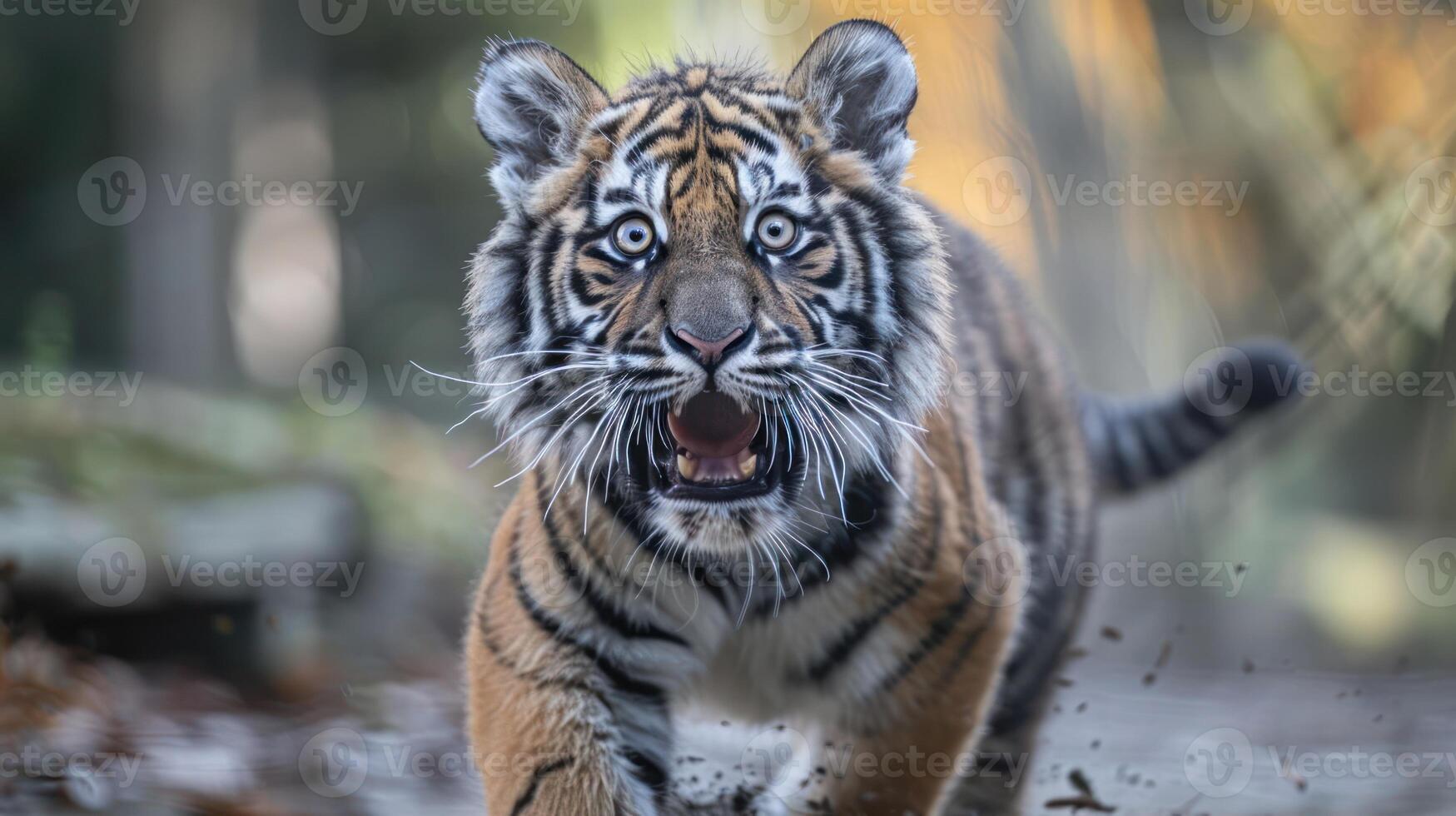 A fierce tiger charges forward through a blurred forest, showcasing its powerful presence and agility photo