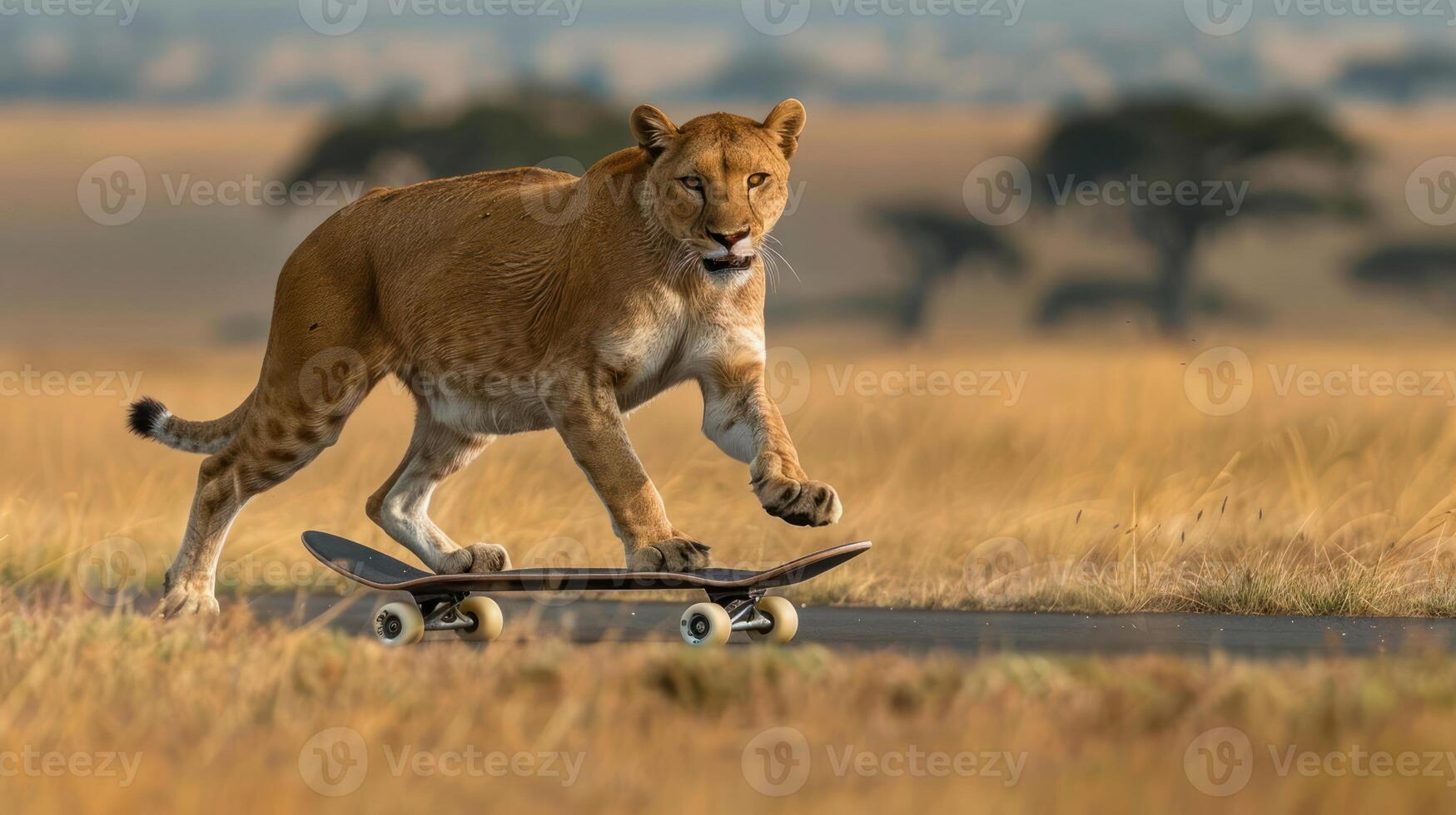 A lioness skillfully skateboarding across a golden savannah with distant trees in the background photo