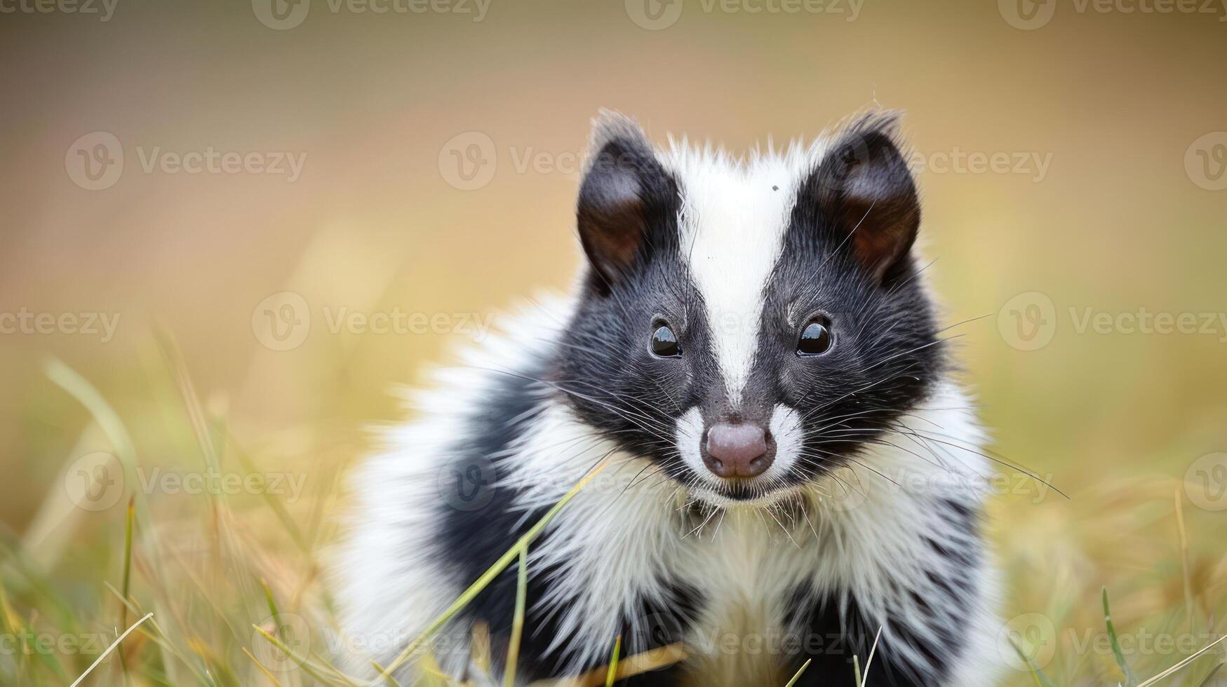Close-up of a curious skunk in a grassy field during a serene afternoon, showcasing its playful demeanor photo