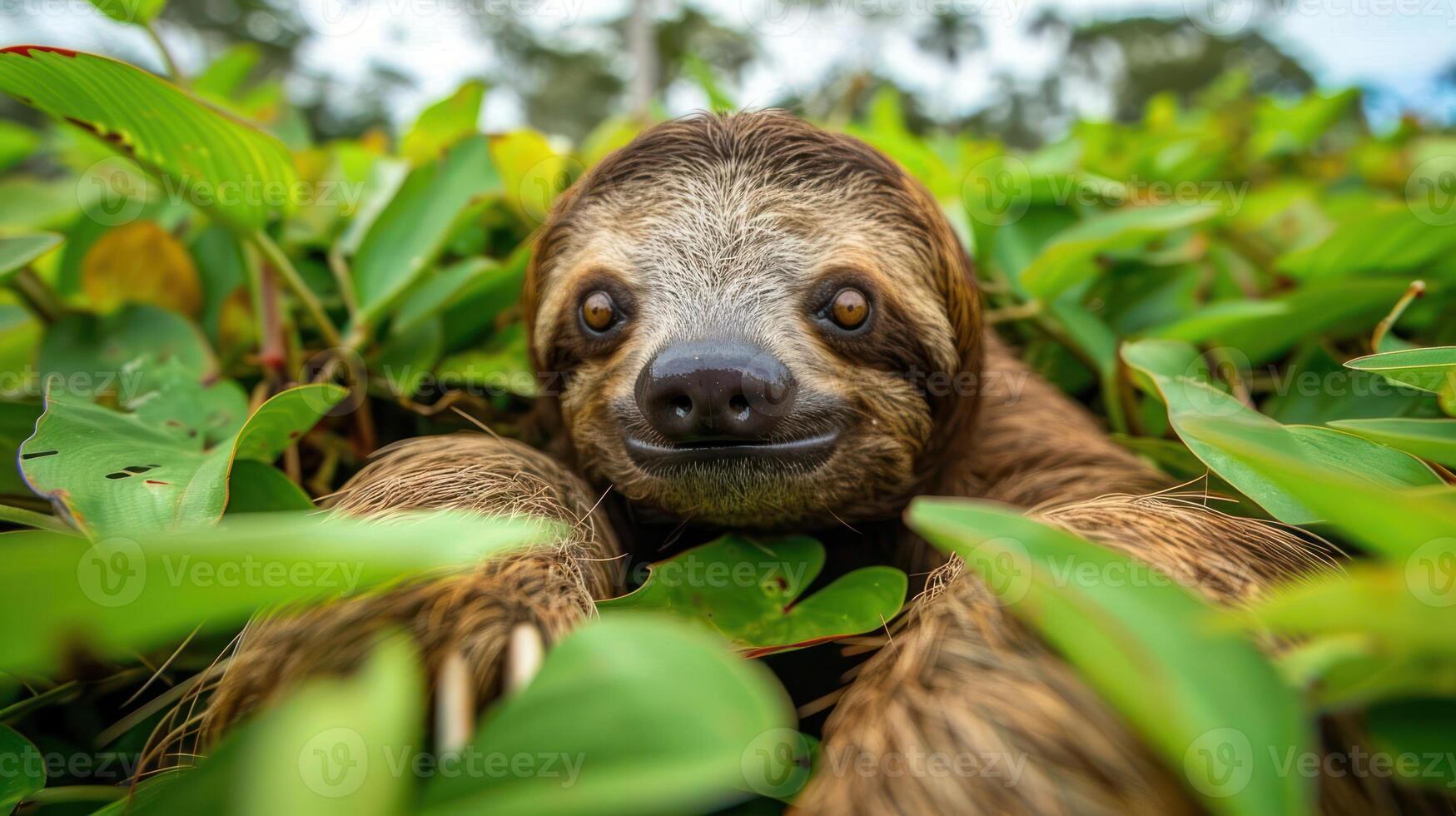 Close-up of a sloth lounging among lush green foliage in a tropical rainforest setting photo