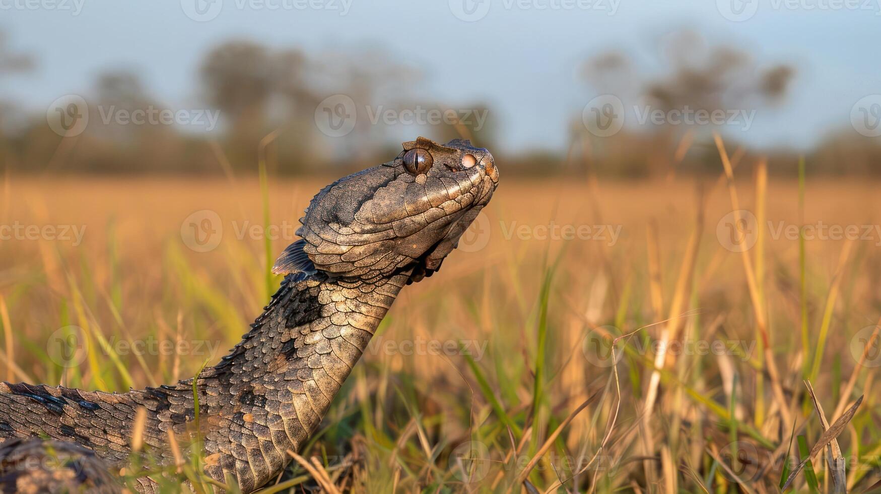 Close-up of a snake in a grassy field under a clear sky, showcasing its unique features and habitat photo