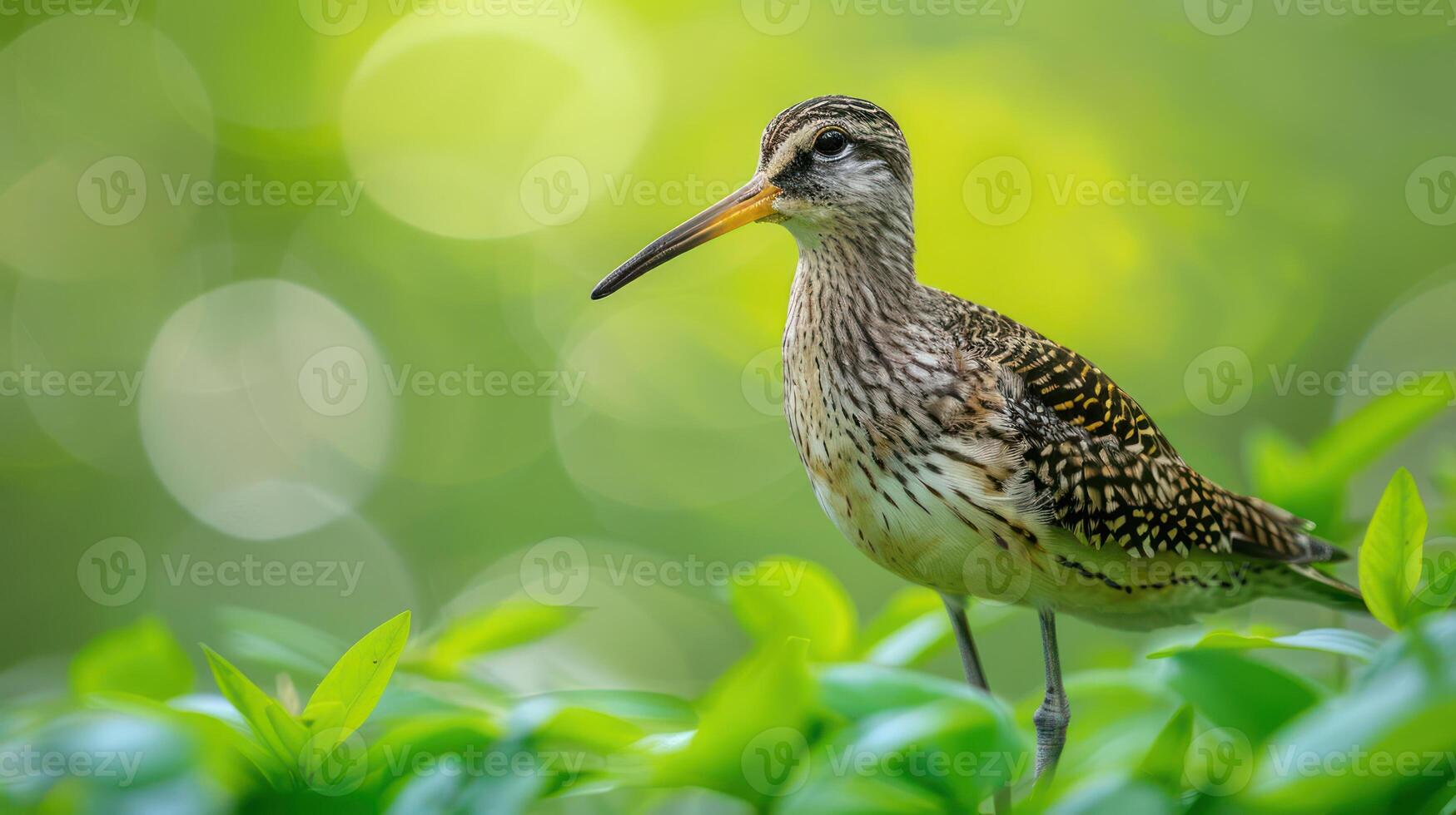 A beautiful bird perched on vibrant green foliage, surrounded by a soft, blurred background photo