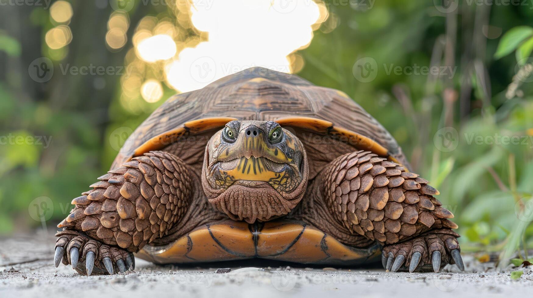 Close-up of a turtle on a sandy path surrounded by lush greenery and soft sunlight photo