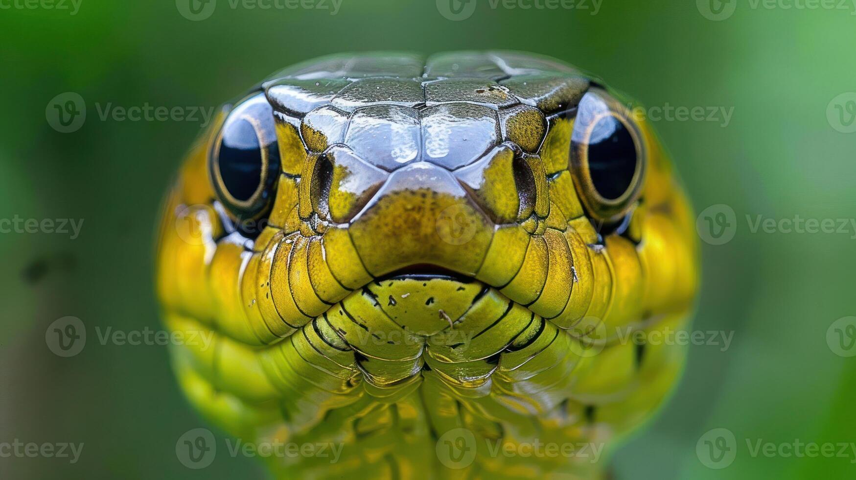 Close-up of a vibrant green snake showcasing intricate scales and striking eyes in a lush environment photo