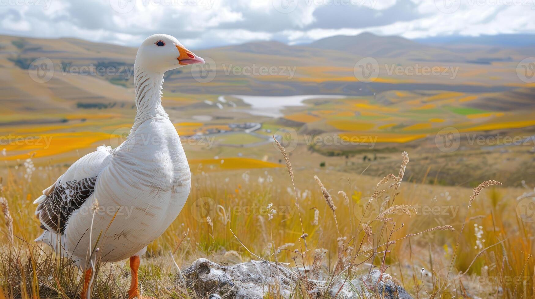 A serene goose standing in a vibrant, golden landscape with rolling hills and a lake in the background photo