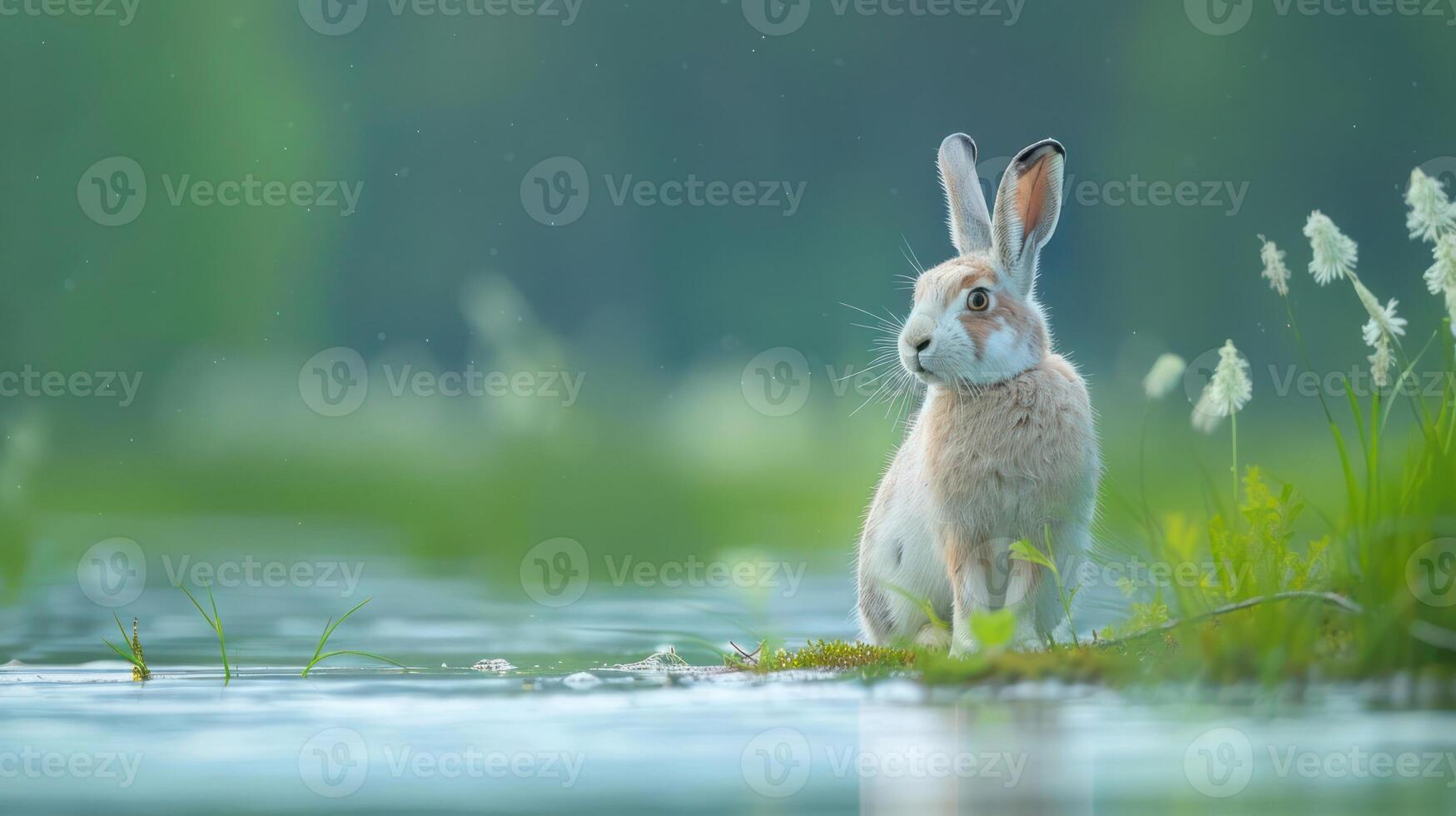 A serene rabbit sitting by a tranquil water body surrounded by lush greenery and flowers photo