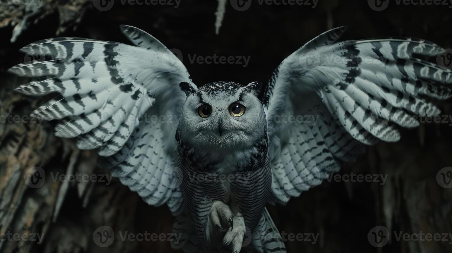 Majestic owl in mid-flight showcasing its expansive wings in a dark cave environment photo