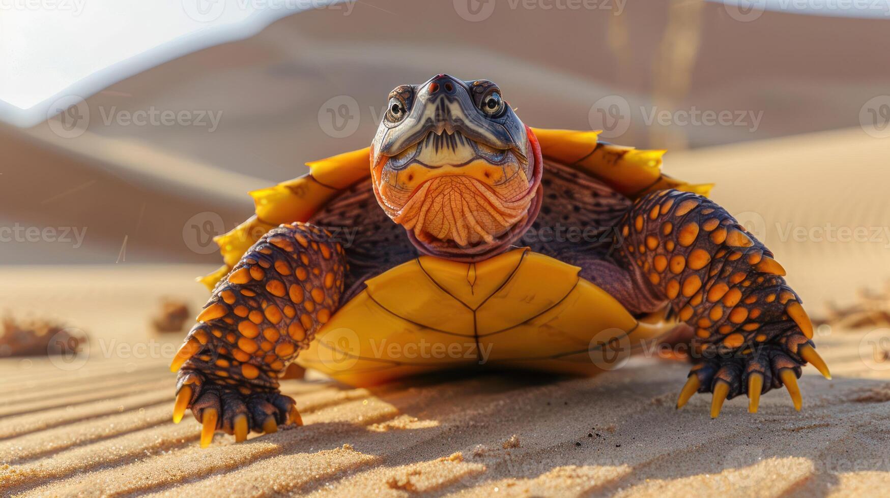Colorful turtle crawling across sandy desert landscape under bright sunlight photo