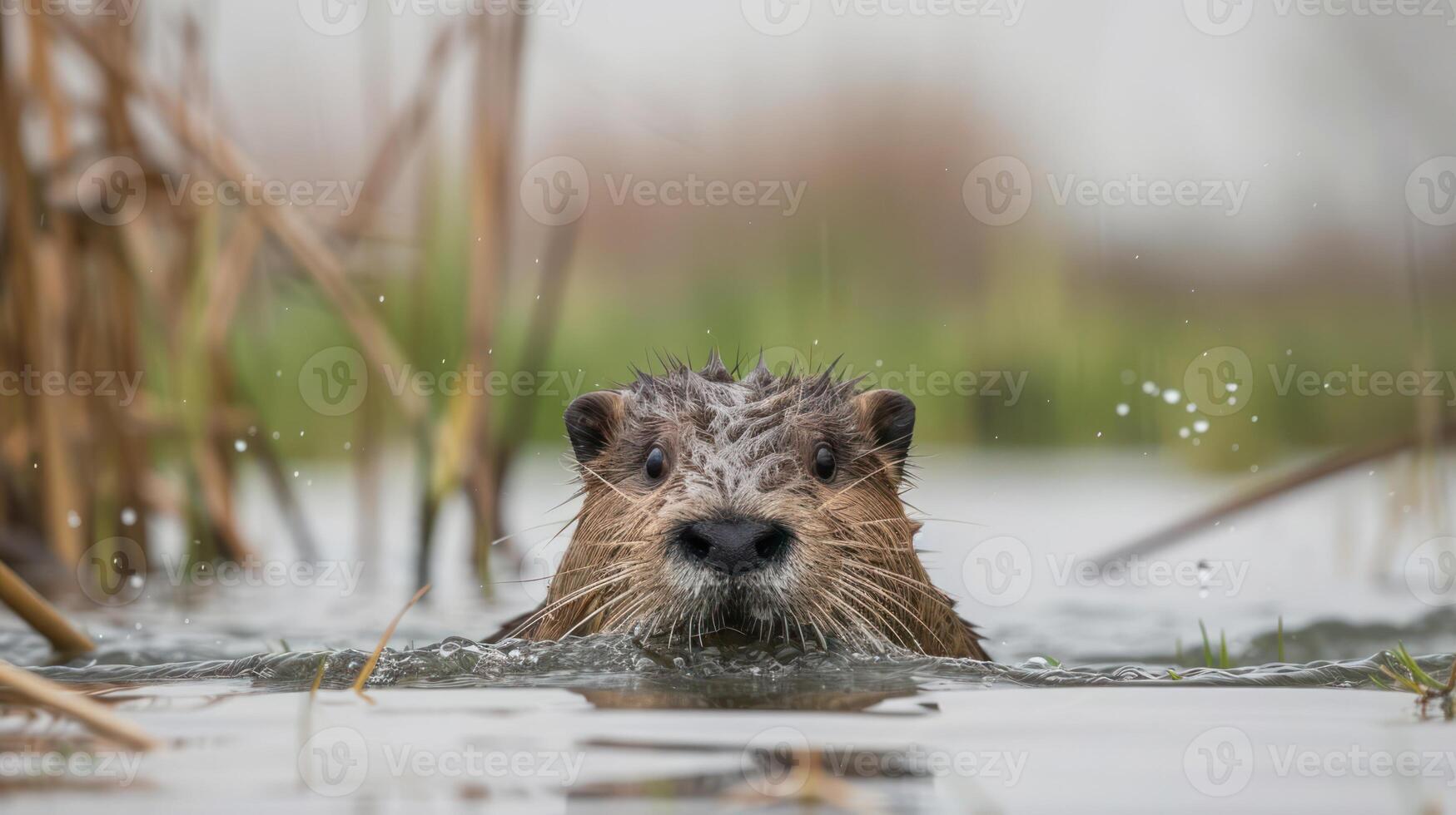 Close-up of an otter swimming in a wetland, surrounded by tall grasses and rippling water photo