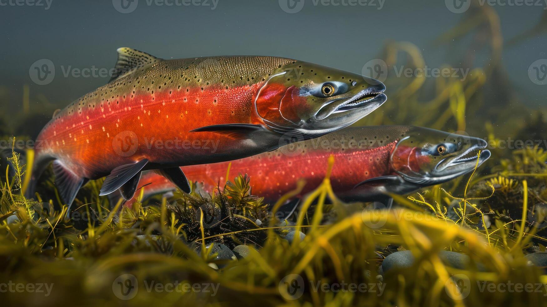 Two vibrant salmon swimming through lush underwater vegetation in a serene aquatic environment photo