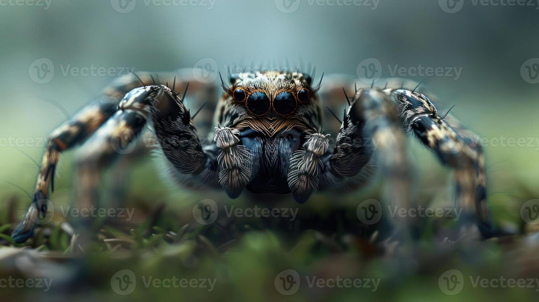Close-up of a detailed spider on a mossy surface in a blurred natural background photo