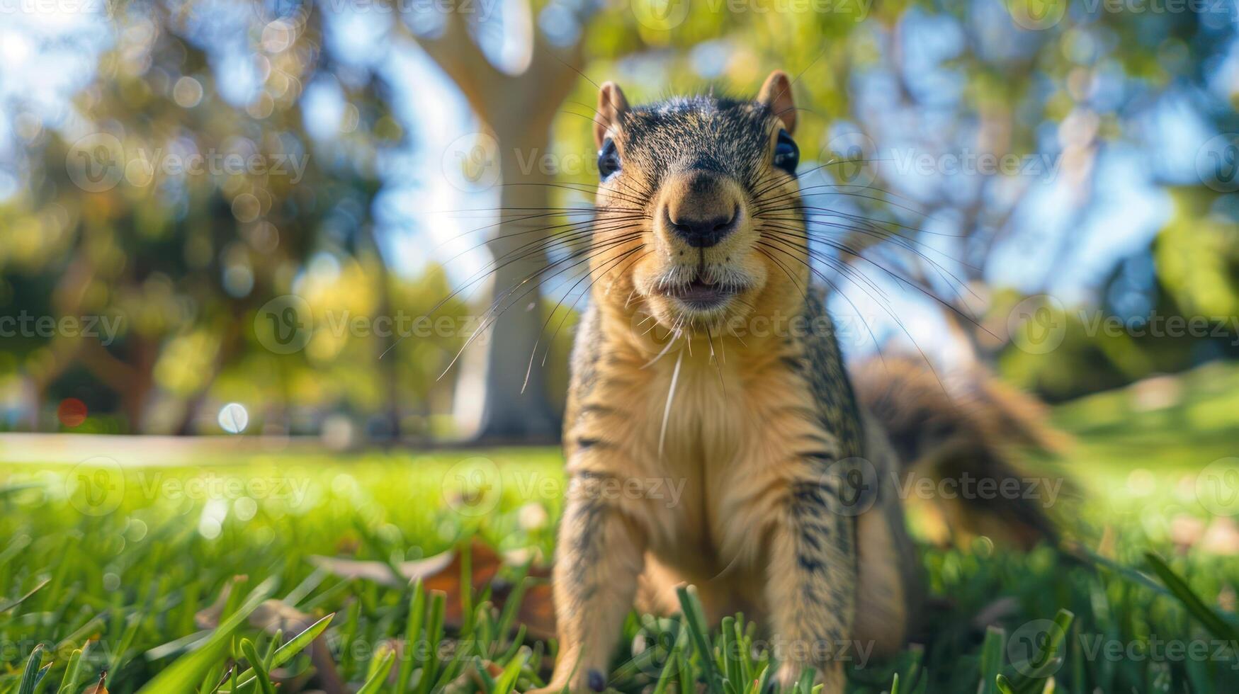 Close-up of a curious squirrel in a park, surrounded by green grass and trees, enjoying nature photo