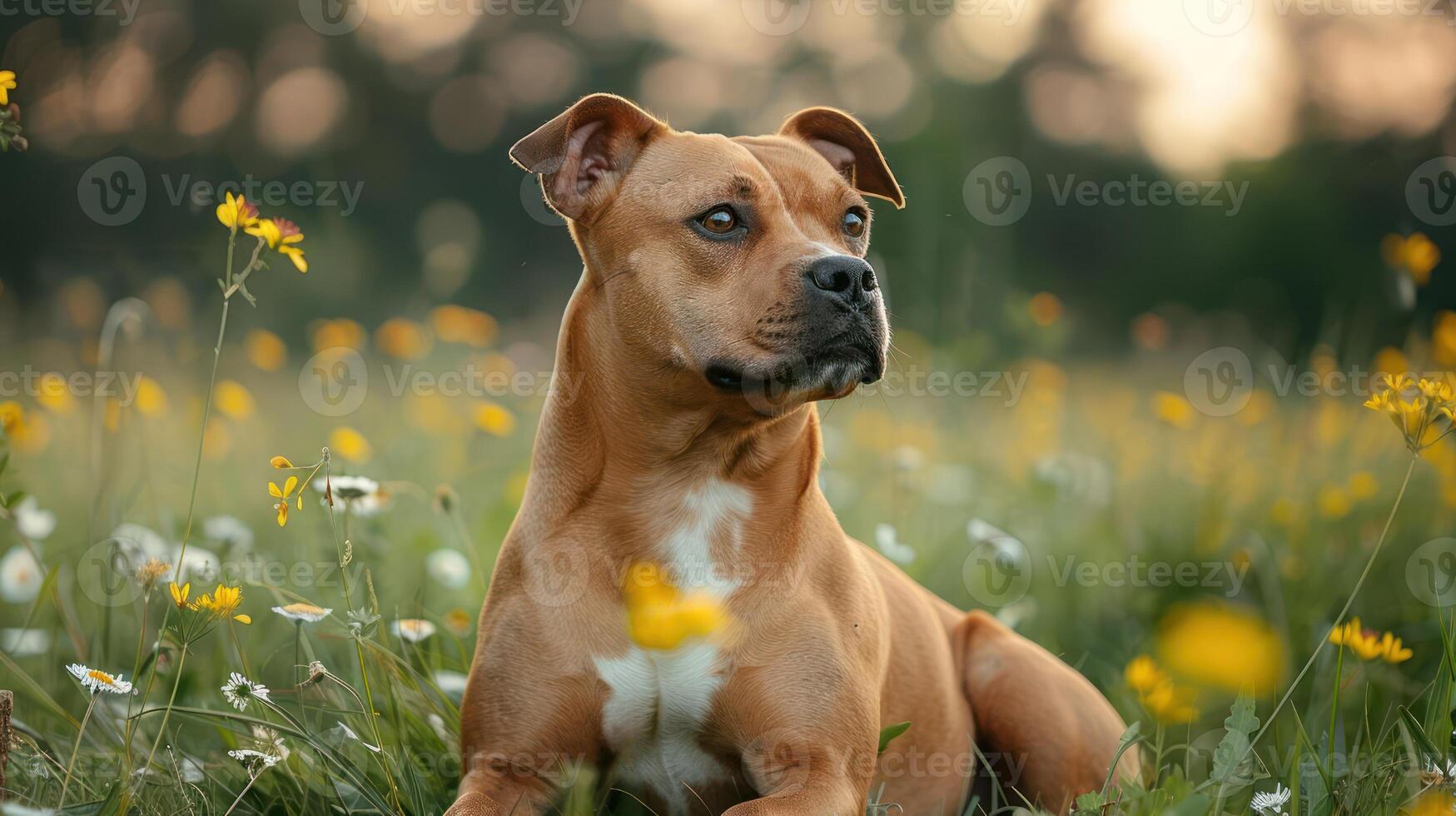 A serene dog resting in a vibrant wildflower field during sunset, showcasing nature's beauty photo