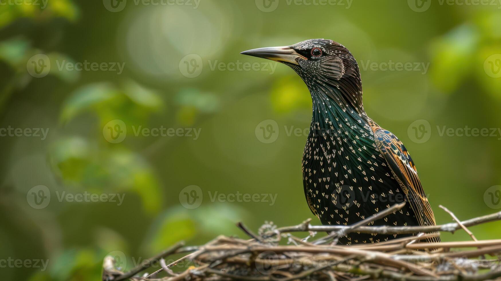 A close-up of a starling perched on its nest amidst lush green foliage in a serene environment photo