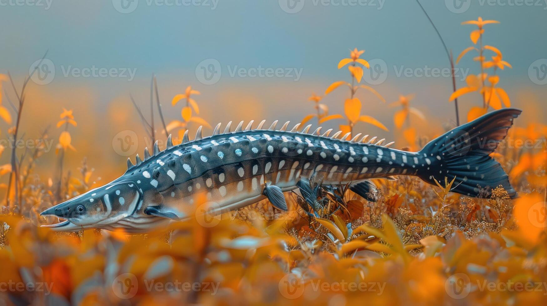 A majestic sturgeon swimming gracefully through vibrant underwater foliage in a serene aquatic environment photo