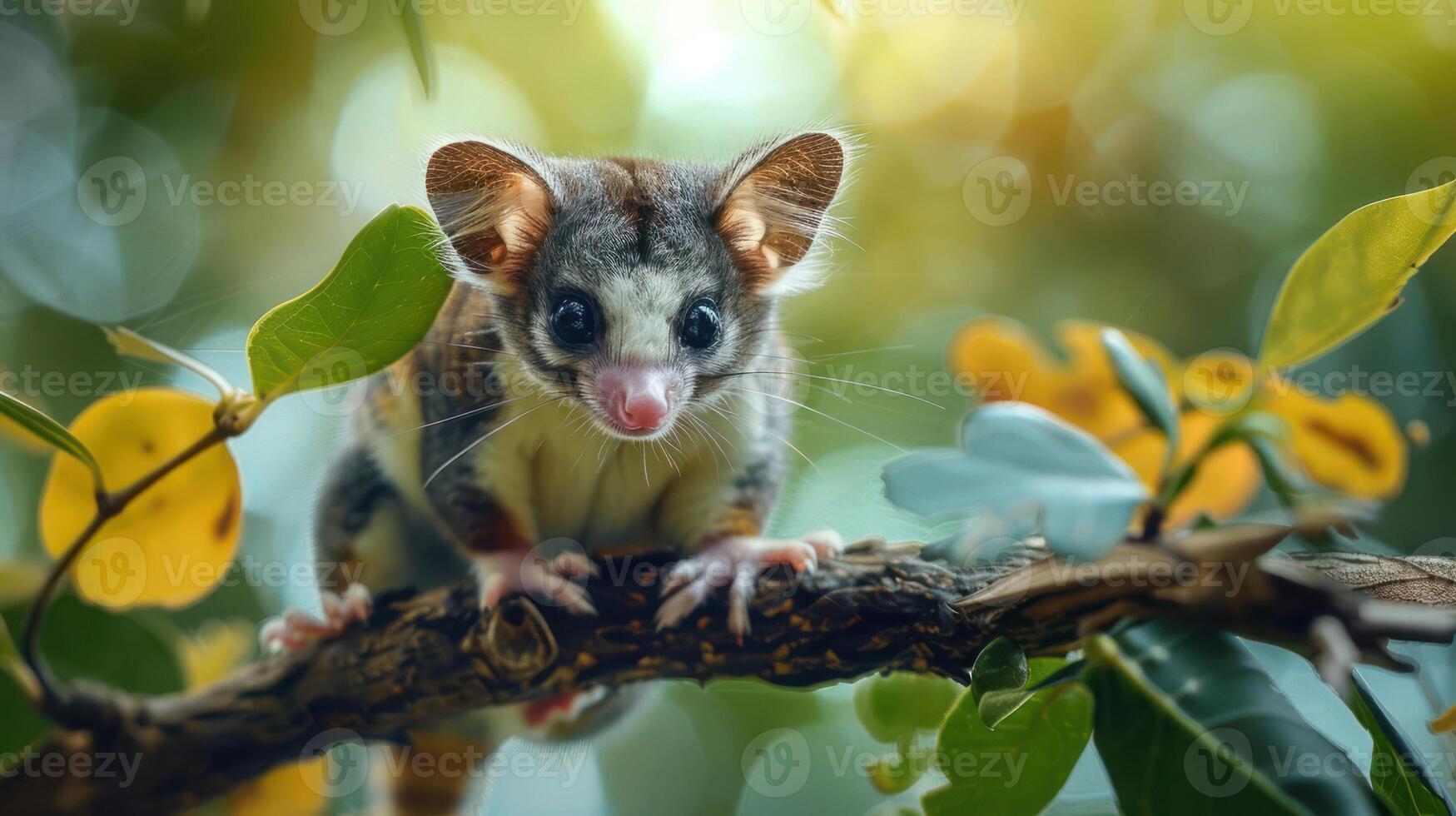 A curious marsupial perched on a branch amidst vibrant foliage in a sunlit forest setting photo